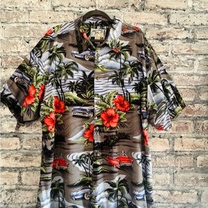 Big Dogs Cars Hawaiian Shirt with Red Floral Print NWOT smoke/pet free